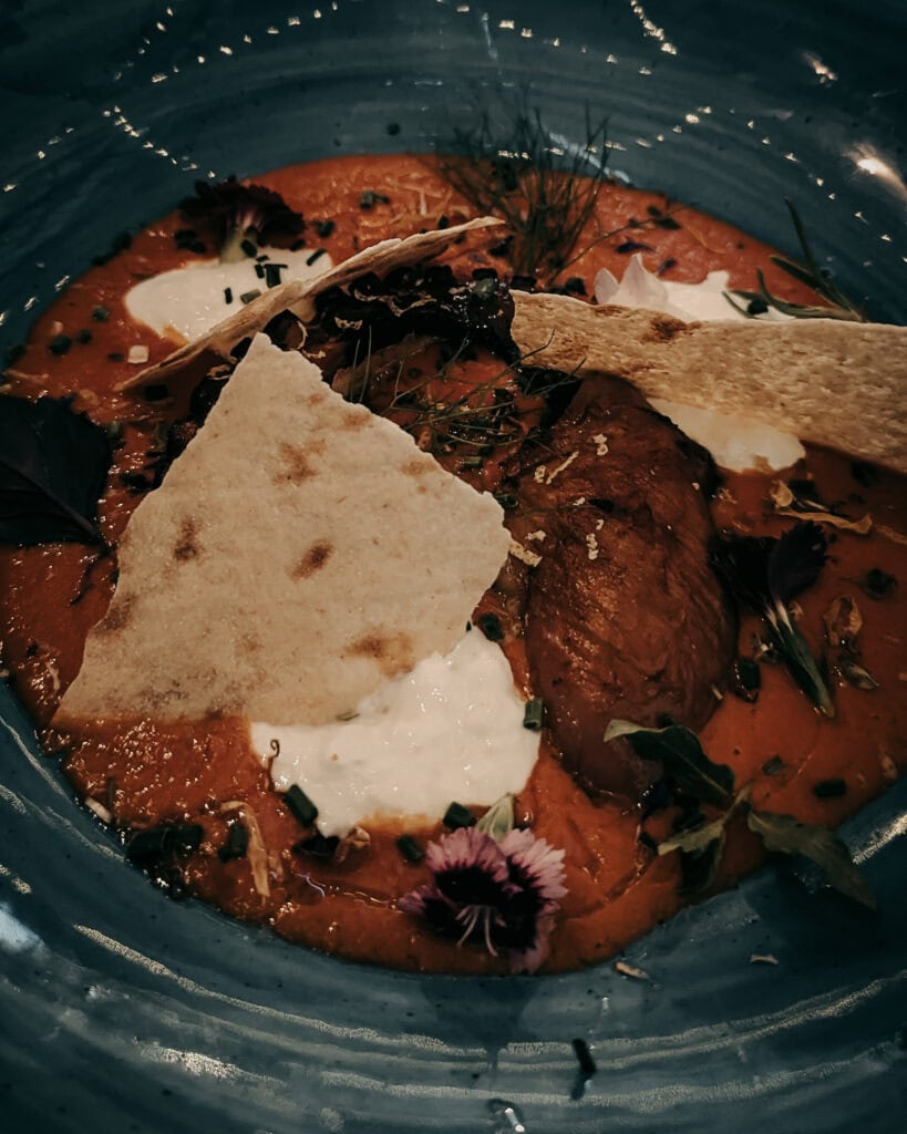 Close-up of a flavorful Indian curry garnished with herbs and spices.